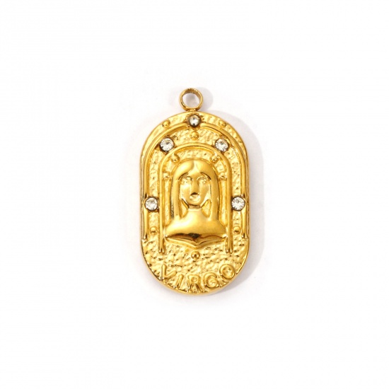 Immagine di 1 Piece Eco-friendly PVD Vacuum Plating 304 Stainless Steel Charms 18K Real Gold Plated Oval Virgo Sign Of Zodiac Constellations Clear Cubic Zirconia 25mm x 13mm