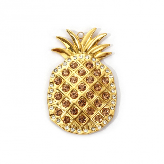 1 Piece Eco-friendly PVD Vacuum Plating 304 Stainless Steel Pendants 18K Real Gold Plated Pineapple/ Ananas Fruit Micro Pave Champagne Cubic Zirconia 4.4cm x 2.8cm の画像