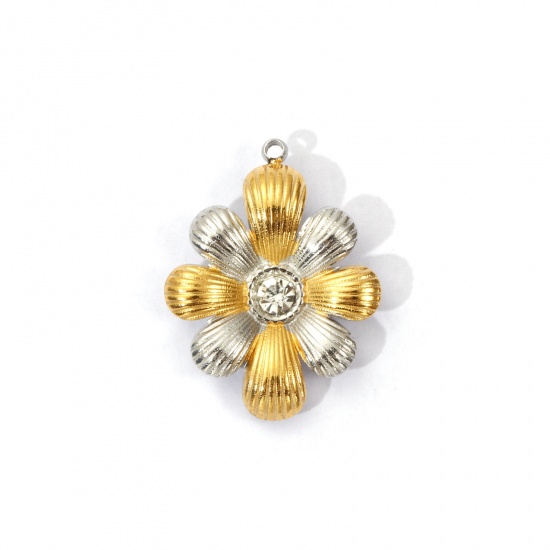 Bild von 1 Piece Eco-friendly PVD Vacuum Plating 304 Stainless Steel Charms 18K Real Gold Plated & Silver Tone Two Tone Flower Clear Rhinestone 25.5mm x 19.5mm