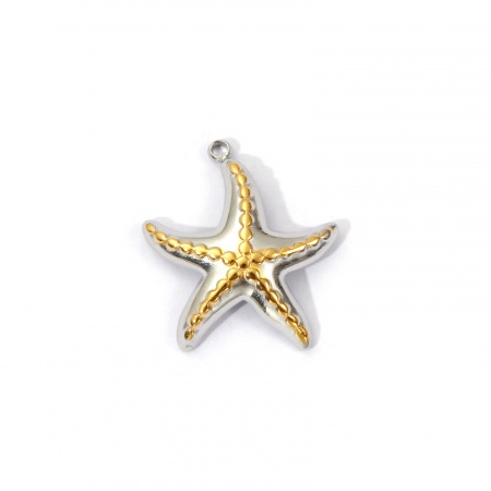 Picture of 1 Piece Eco-friendly PVD Vacuum Plating Waterproof Anti-Tarnish Hypoallergenic 304 Stainless Steel Ocean Jewelry Charms 18K Real Gold Plated & Silver Tone Two Tone Starfish 21mm x 19mm