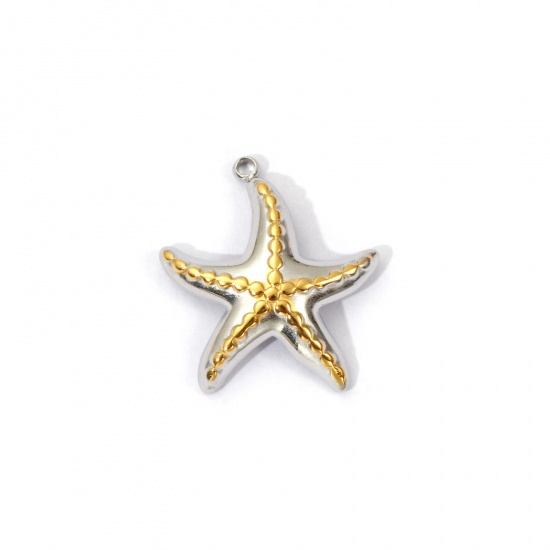 Bild von 1 Piece Eco-friendly PVD Vacuum Plating 304 Stainless Steel Ocean Jewelry Charms 18K Real Gold Plated & Silver Tone Two Tone Star Fish 21mm x 19mm