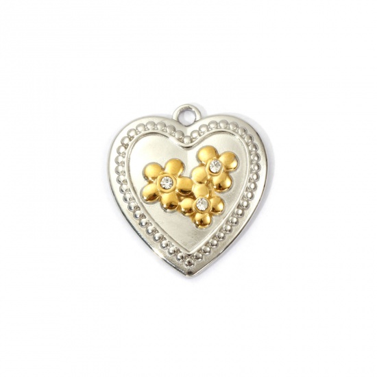 Bild von 1 Piece Eco-friendly PVD Vacuum Plating 304 Stainless Steel Valentine's Day Charms 18K Real Gold Plated & Silver Tone Two Tone Heart Flower Clear Rhinestone 22mm x 20mm