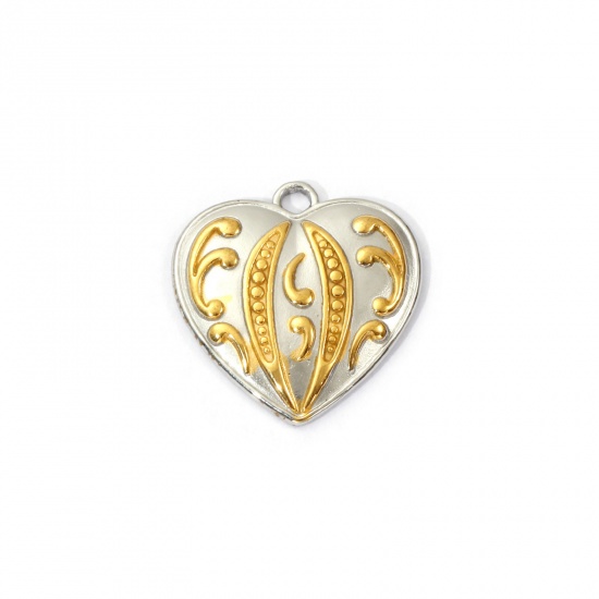 Bild von 1 Piece Eco-friendly PVD Vacuum Plating 304 Stainless Steel Valentine's Day Charms 18K Real Gold Plated & Silver Tone Two Tone Heart Texture 20mm x 19mm