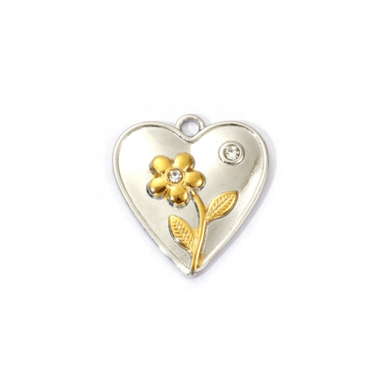 Bild von 1 Piece Eco-friendly PVD Vacuum Plating 304 Stainless Steel Valentine's Day Charms 18K Real Gold Plated & Silver Tone Two Tone Heart Flower Clear Rhinestone 20mm x 18.5mm