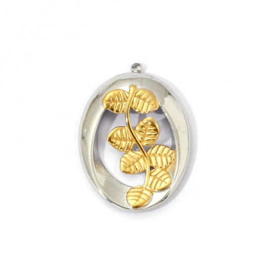 Bild von 1 Piece Eco-friendly PVD Vacuum Plating 304 Stainless Steel Pendants 18K Real Gold Plated & Silver Tone Two Tone Oval Leaf Hollow 3.3cm x 2.3cm