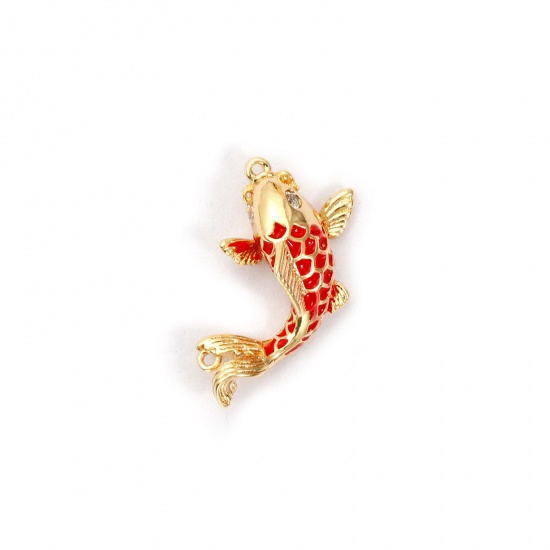 Image de 1 Pièce Breloques Bijoux d'Océan Respectueux de la Nature en Laiton Plaqué Or Véritable 18K Rouge Émail Poisson à Zircone Cubique Clair 18mm x 10mm