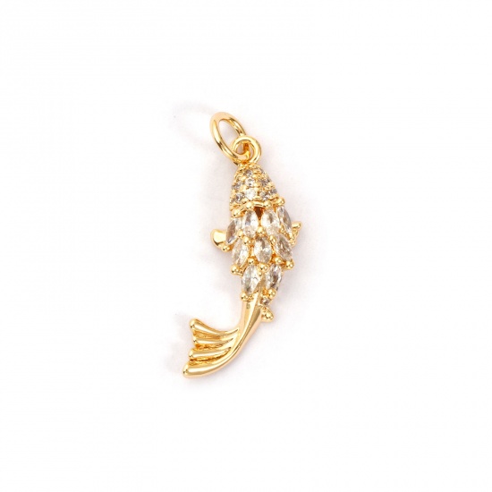 Image de 1 Pièce Breloques Bijoux d'Océan Respectueux de la Nature en Laiton Plaqué Or Véritable 18K Poisson à Zircone Cubique Clair 25mm x 8mm
