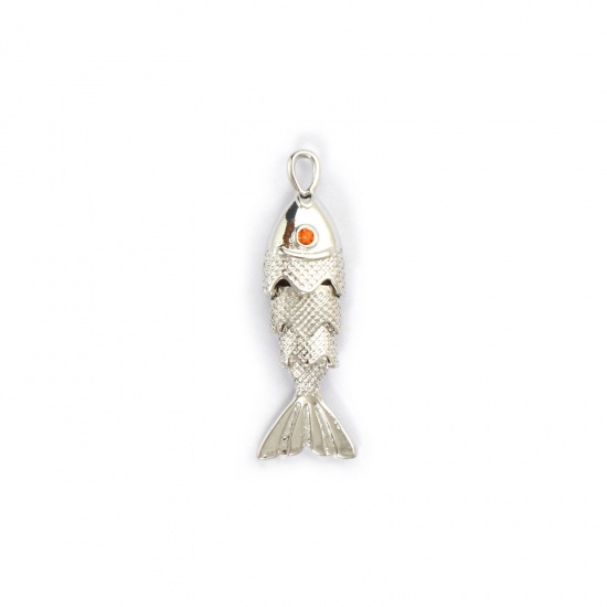 Picture of 1 Piece Eco-friendly Brass Ocean Jewelry Charms Real Platinum Plated Fish Animal 3D Movable Orange Cubic Zirconia 28mm x 9mm