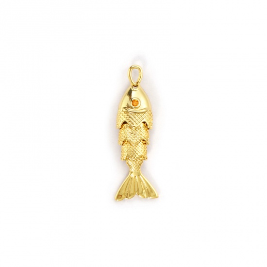 Picture of 1 Piece Eco-friendly Brass Ocean Jewelry Charms 18K Real Gold Plated Fish Animal 3D Movable Orange Cubic Zirconia 28mm x 9mm