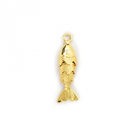 Imagen de 1 Piece Eco-friendly Brass Ocean Jewelry Charms 18K Real Gold Plated Fish Animal 3D Movable Clear Cubic Zirconia 28mm x 9mm