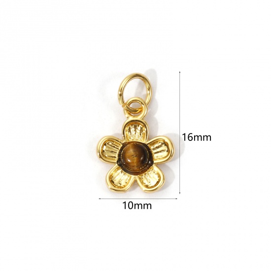 Picture of 1 Piece Eco-friendly Brass & Tiger's Eyes Charms 18K Real Gold Plated Dark Brown Flower 16mm x 10mm