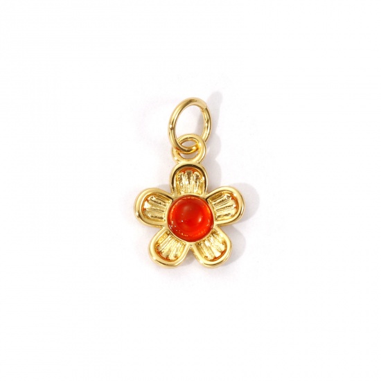 Picture of 1 Piece Eco-friendly Brass & Agate Charms 18K Real Gold Plated Red Flower 16mm x 10mm