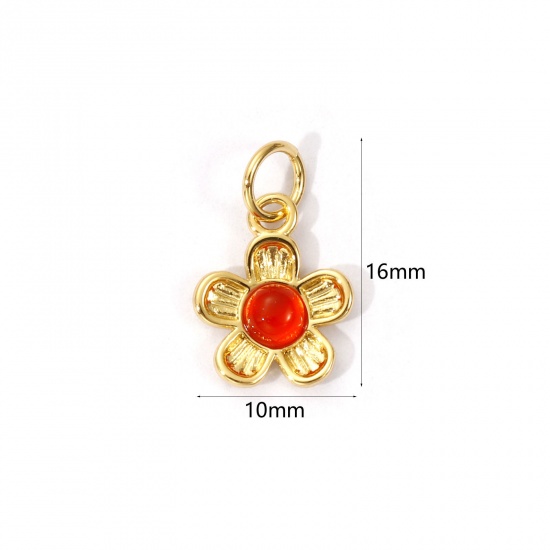 Picture of 1 Piece Eco-friendly Brass & Agate Charms 18K Real Gold Plated Red Flower 16mm x 10mm