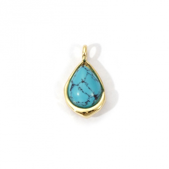 Picture of 2 PCs Eco-friendly Brass & Turquoise Charms 18K Real Gold Plated Green Blue Drop 14mm x 8mm