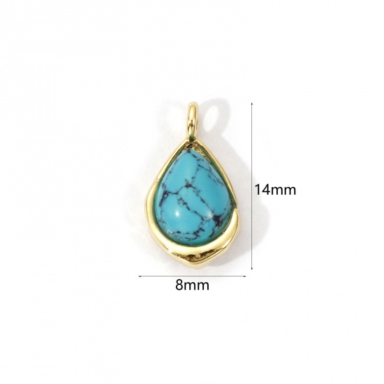 Picture of 2 PCs Eco-friendly Brass & Turquoise Charms 18K Real Gold Plated Green Blue Drop 14mm x 8mm