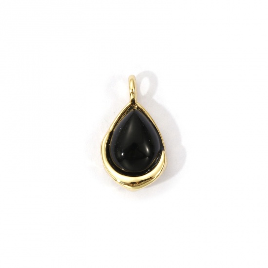 Picture of 2 PCs Eco-friendly Brass & Agate Charms 18K Real Gold Plated Black Drop 14mm x 8mm