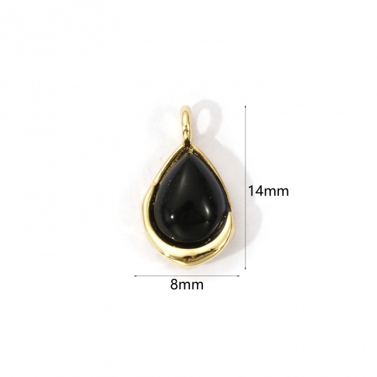 Picture of 2 PCs Eco-friendly Brass & Agate Charms 18K Real Gold Plated Black Drop 14mm x 8mm