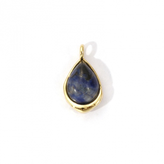Picture of 2 PCs Eco-friendly Brass & Gemstone Charms 18K Real Gold Plated Dark Blue Drop 14mm x 8mm