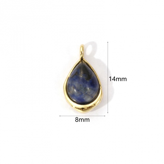 Picture of 2 PCs Eco-friendly Brass & Gemstone Charms 18K Real Gold Plated Dark Blue Drop 14mm x 8mm