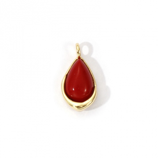 Picture of 2 PCs Eco-friendly Brass & Jade Charms 18K Real Gold Plated Red Drop 14mm x 8mm