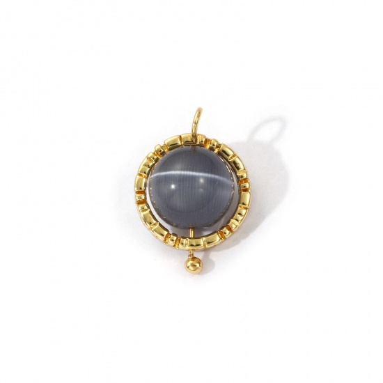 Picture of 2 PCs Eco-friendly Brass & Cat's Eye Glass Charms 18K Real Gold Plated Gray Ball Rotatable 15mm x 11mm