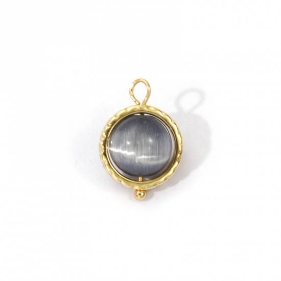 Picture of 2 PCs Eco-friendly Brass & Cat's Eye Glass Charms 18K Real Gold Plated Gray Ball Rotatable 15mm x 11mm