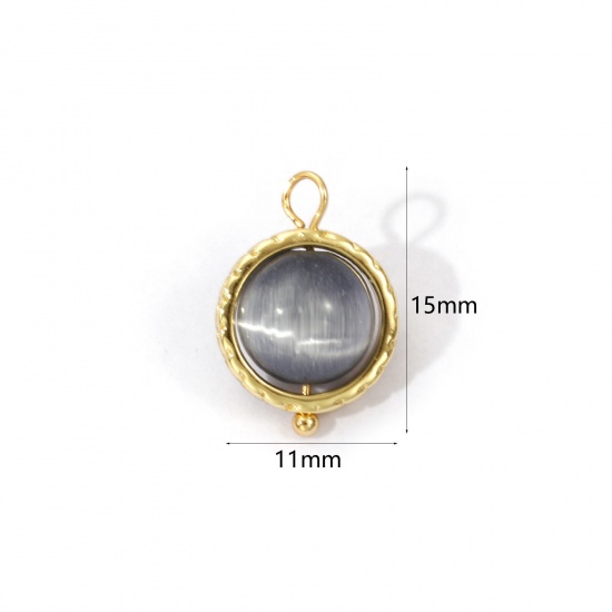 Picture of 2 PCs Eco-friendly Brass & Cat's Eye Glass Charms 18K Real Gold Plated Gray Ball Rotatable 15mm x 11mm