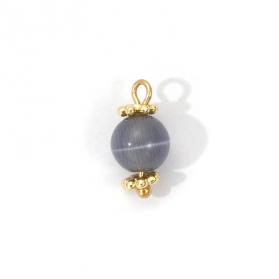 Picture of 2 PCs Eco-friendly Brass & Cat's Eye Glass Charms 18K Real Gold Plated Gray Ball Rotatable 12mm x 6mm