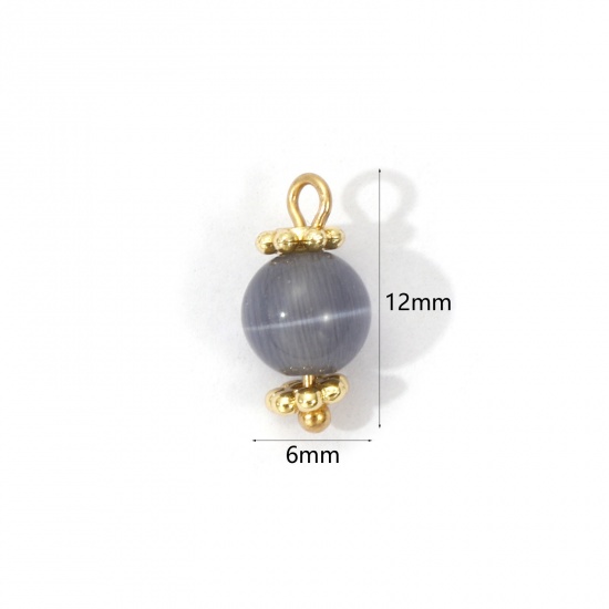 Picture of 2 PCs Eco-friendly Brass & Cat's Eye Glass Charms 18K Real Gold Plated Gray Ball Rotatable 12mm x 6mm