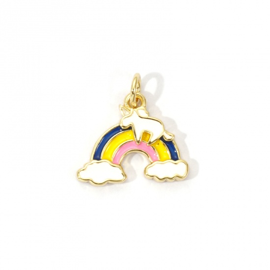 Picture of 2 PCs Eco-friendly Brass Weather Collection Charms 18K Real Gold Plated Multicolor Enamel Rainbow Cloud 17mm x 16mm