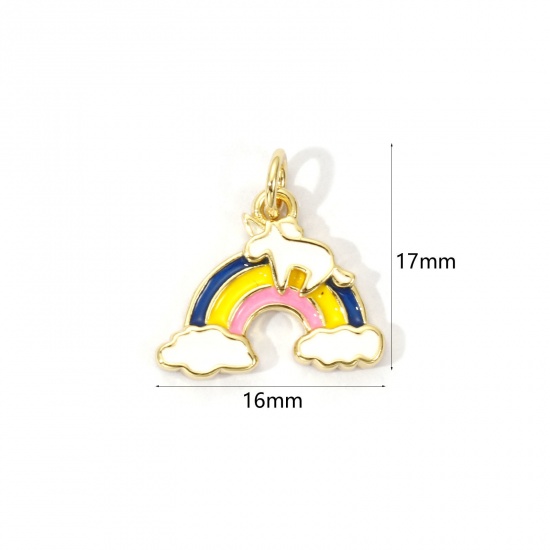 Picture of 2 PCs Eco-friendly Brass Weather Collection Charms 18K Real Gold Plated Multicolor Enamel Rainbow Cloud 17mm x 16mm
