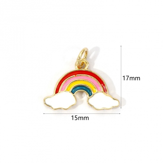 Picture of 2 PCs Eco-friendly Brass Weather Collection Charms 18K Real Gold Plated Multicolor Enamel Rainbow Cloud 17mm x 15mm