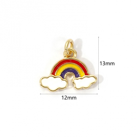 Picture of 2 PCs Eco-friendly Brass Weather Collection Charms 18K Real Gold Plated Multicolor Enamel Rainbow Cloud 13mm x 12mm