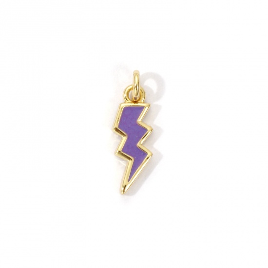 Picture of 2 PCs Eco-friendly Brass Weather Collection Charms 18K Real Gold Plated Purple Enamel Lightning 16mm x 5mm