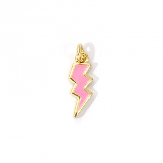 Picture of 2 PCs Eco-friendly Brass Weather Collection Charms 18K Real Gold Plated Pink Enamel Lightning 16mm x 5mm