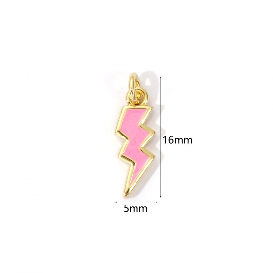 Picture of 2 PCs Eco-friendly Brass Weather Collection Charms 18K Real Gold Plated Pink Enamel Lightning 16mm x 5mm