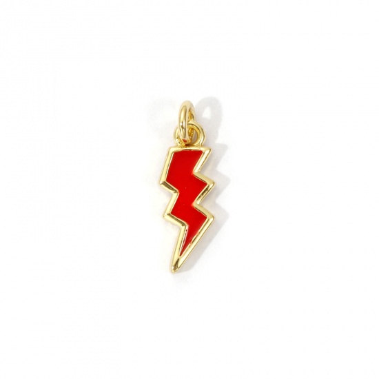 Picture of 2 PCs Eco-friendly Brass Weather Collection Charms 18K Real Gold Plated Red Enamel Lightning 16mm x 5mm