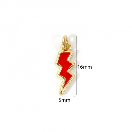 Picture of 2 PCs Eco-friendly Brass Weather Collection Charms 18K Real Gold Plated Red Enamel Lightning 16mm x 5mm