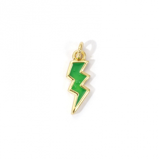 Picture of 2 PCs Eco-friendly Brass Weather Collection Charms 18K Real Gold Plated Green Enamel Lightning 16mm x 5mm