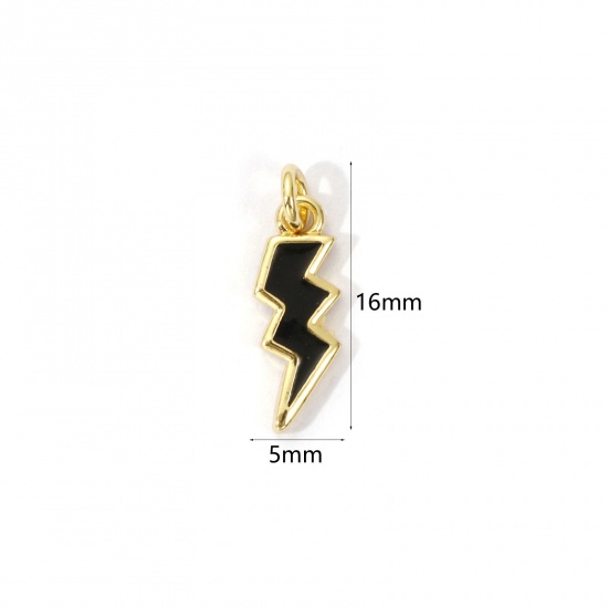 Picture of 2 PCs Eco-friendly Brass Weather Collection Charms 18K Real Gold Plated Black Enamel Lightning 16mm x 5mm