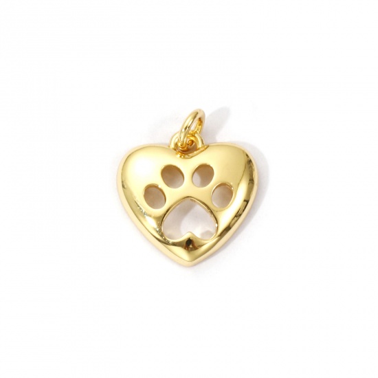 Immagine di 2 Pz Ecologico Ottone Memoriale dell'animale Ciondoli 18K Vero Oro Placcato Cuore Orma di Zampa Filigrana 15mm x 12.5mm