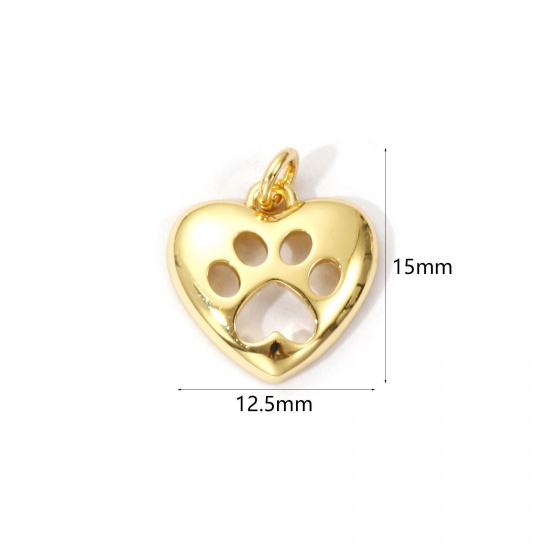 Immagine di 2 Pz Ecologico Ottone Memoriale dell'animale Ciondoli 18K Vero Oro Placcato Cuore Orma di Zampa Filigrana 15mm x 12.5mm