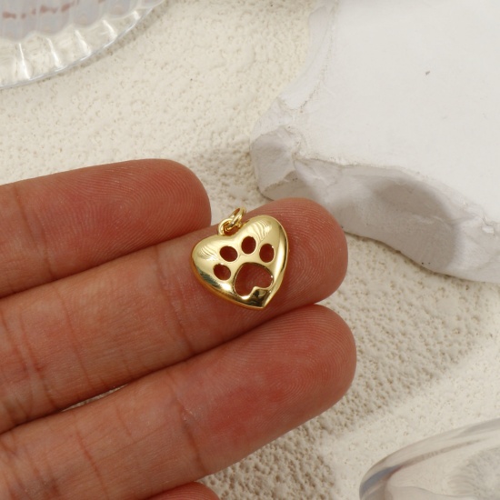 Immagine di 2 Pz Ecologico Ottone Memoriale dell'animale Ciondoli 18K Vero Oro Placcato Cuore Orma di Zampa Filigrana 15mm x 12.5mm
