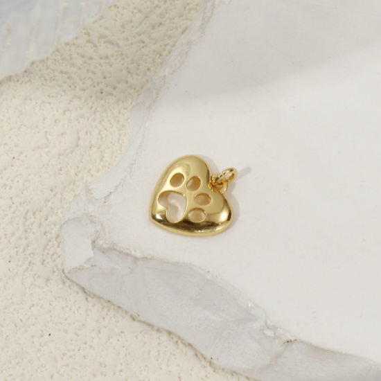 Immagine di 2 Pz Ecologico Ottone Memoriale dell'animale Ciondoli 18K Vero Oro Placcato Cuore Orma di Zampa Filigrana 15mm x 12.5mm