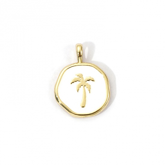 Picture of 1 Piece Eco-friendly Brass Charms 18K Real Gold Plated White Enamel Round Coconut Palm Tree 18.5mm x 14mm