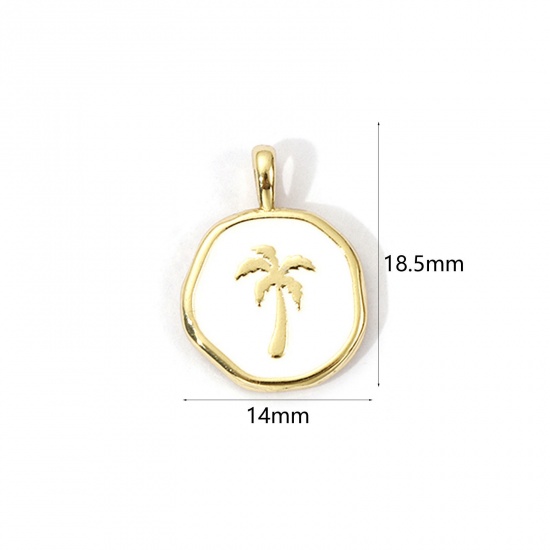 Picture of 1 Piece Eco-friendly Brass Charms 18K Real Gold Plated White Enamel Round Coconut Palm Tree 18.5mm x 14mm
