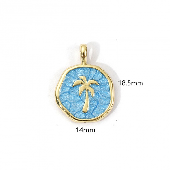 Picture of 1 Piece Eco-friendly Brass Charms 18K Real Gold Plated Blue Enamel Round Coconut Palm Tree Pearlized 18.5mm x 14mm