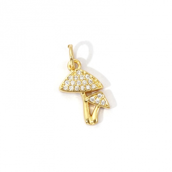 Image de 2 Pcs Breloques Respectueux de la Nature en Laiton Plaqué Or Véritable 18K Champignon Micro Pave à Zircone Cubique Clair 17mm x 9mm