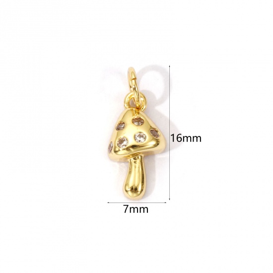 Image de 2 Pcs Breloques Respectueux de la Nature en Laiton Plaqué Or Véritable 18K Champignon à Zircone Cubique Clair 16mm x 7mm
