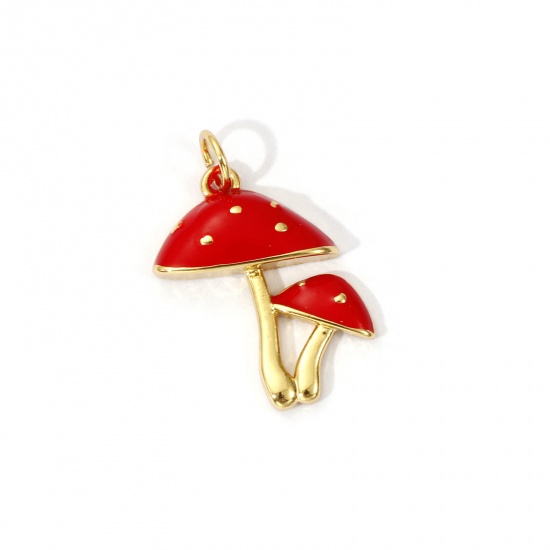 Image de 2 Pcs Breloques Respectueux de la Nature en Laiton Plaqué Or Véritable 18K Rouge Émail Champignon 23mm x 16mm